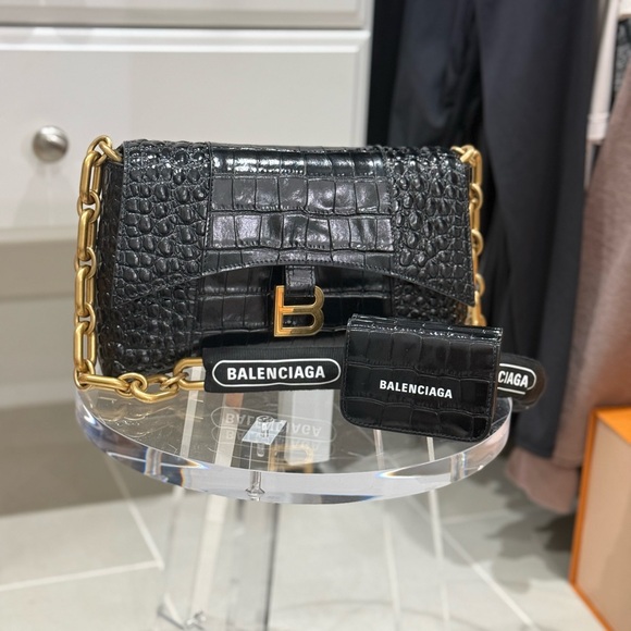 Balenciaga Black and Gold Shoulder Bag with Croc-Embossed Leather - Picture 1 of 10